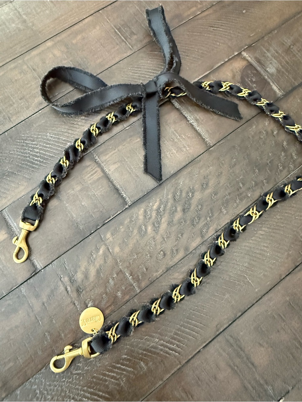 Clare V Frayed Black Ribbon and Gold Chain Strap